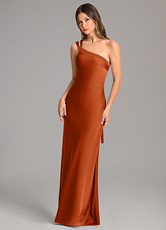Azazie Monroe Bridesmaid Dresses Burnt Orange Mermaid One Shoulder Stretch Satin Dress image3
