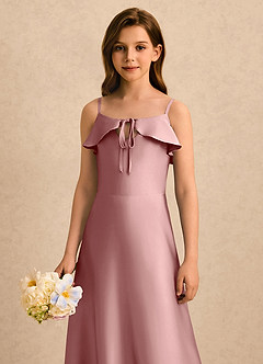 Azazie Kapri Girls Formal Vestidos de florista Vestido Rosa Empoeirada de Cetim elástico de Linha A com Franzido image5