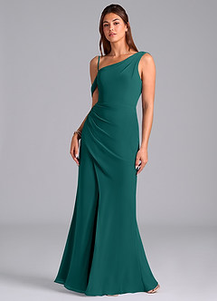 Azazie Madelyn Jurken voor bruidsmeisjes Converteerbaar Jurk van Chiffon met Zeemeermin One-Shoulder Pauw image4