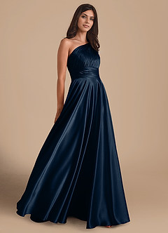 Azazie Charlize Bridesmaid Dresses Dark Navy A-Line One Shoulder Metallic Satin Dress image4
