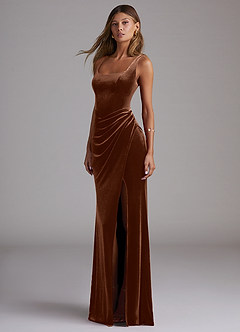 Azazie Mero Bridesmaid Dresses Umber Sheath Pleated Velvet Dress image3