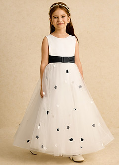 Azazie Cricket Flower Girl Dresses Ivory Black Ball-Gown Pleated Matte Satin Dress image6