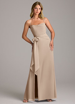 Azazie Tahlia Bridesmaid Dresses Taupe A-Line with Belt Chiffon Dress image1