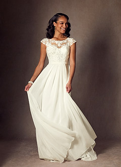 Azazie Brynslee Wedding Dresses Cream A-Line Scoop Sequins Chiffon Dress image1