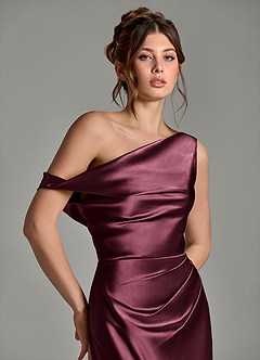 Azazie Emerson Bridesmaid Dresses Cabernet Mermaid Off the Shoulder Metallic Satin Dress image7