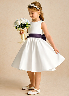 Azazie Sosie vestidos de niña de las flores Vestido de Marfil Ciruela de Satin Mate de Corte En A con Plisado image3