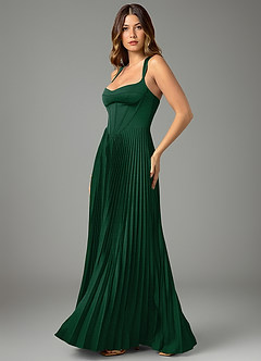 Azazie Avenelle At-home Try On Dresses Dark Green A-Line Corset Stretch Satin Dress image3
