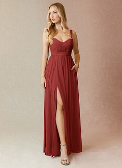 Azazie Reniya Bridesmaid Dresses Rust A-Line Pleated Mesh Convertible Dress image1