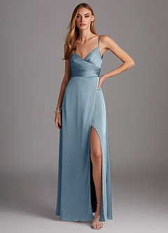 Azazie Calissa Bridesmaid Dresses Dusty Blue A-Line V-Neck Pleated Stretch Satin Dress image1