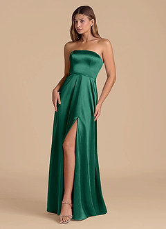 Azazie Wren Bridesmaid Dresses Emerald A-Line Strapless Metallic Satin Dress image3