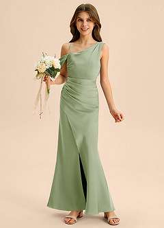 Azazie Madelyn Junior 쉬스 오프 더 숄더 스트레치 새틴 플로어 길이 주니어 신부 들러리 드레스 image1