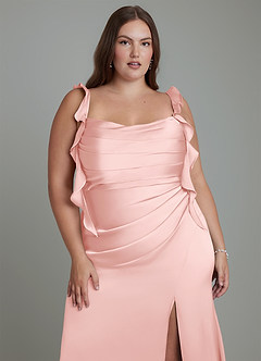 Azazie Jessamine Bridesmaid Dresses Powder Pink Sheath Corset Stretch Satin Dress image10