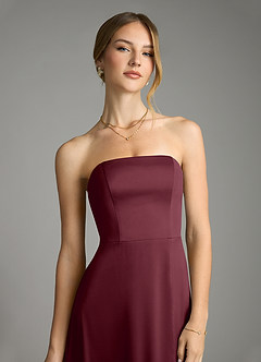 Azazie Wren Vestidos de damas de honor Vestido de Cabernet de Satén Elástico de Corte en A Convertible con Sin tirantes image4