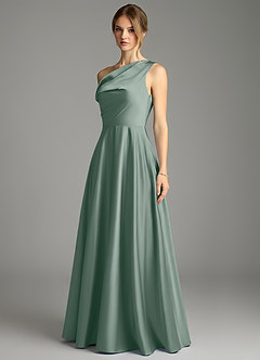 Azazie Xanthe Bridesmaid Dresses Silver Sage A-Line Off the Shoulder Stretch Satin Dress image4