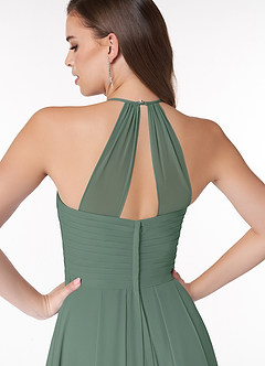 Azazie Ginger Vestidos de damas de honor Vestido de Eucalipto de Gasa de Corte en A con Halter Plisado image3