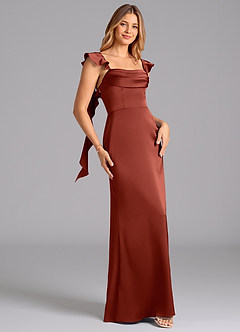 Azazie Adi Bridesmaid Dresses Terracotta A-Line Pleated Stretch Satin Dress image3