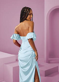 Barbie ♥ Azazie Bridesmaid Dresses Sky Blue Sheath Off the Shoulder Stretch Satin Convertible Dress image8