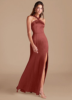 Azazie Rue Bridesmaid Dresses Terracotta Sheath Pleated Metallic Satin Dress image4