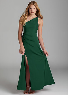 Azazie Maron Junior Vestido de Verde Oscuro de Satén Elástico de Corte En A con Plisado image1