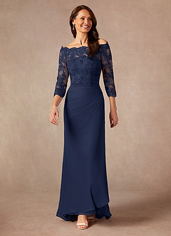 Azazie Rhonda Mother of the Bride Dresses Dark Navy Mermaid Off the Shoulder Mesh Dress image3