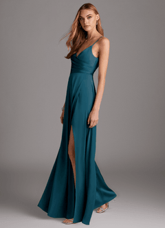 Azazie Calissa Final Sale Ink Blue A-Line V-Neck Pleated Stretch Satin Dress image4