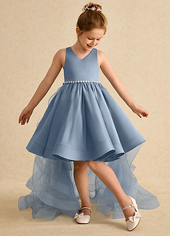 Azazie Julietta Flower Girl Dresses Dusty Blue Ball-Gown Convertible Tulle Dress image5