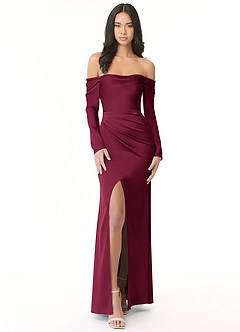 Azazie Hallie Bridesmaid Dresses Burgundy Mermaid Off-The-Shoulder Long Sleeve Stretch Satin Convertible Dress image4