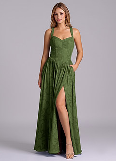 Azazie Francis Robes de demoiselle d'honneur Robe Trapèze en Blumen-Burnout Corset Olive image1