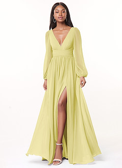 Azazie Norah Bridesmaid Dresses Lemon Sorbet A-Line V-Neck Long Sleeve Chiffon Dress image1