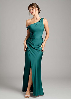 Azazie Madelyn Robes de demoiselle d'honneur Robe Sirène Convertible en Satin extensible Une épaule Paon image1