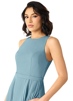 Azazie Lindie Bridesmaid Dresses Moody Blue A-Line Scoop Pleated Chiffon Dress image4