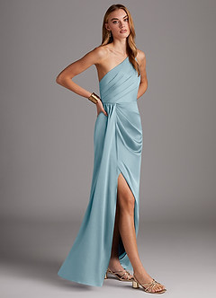 Azazie Mika Bridesmaid Dresses Moody Blue Sheath One Shoulder Stretch Satin Dress image4