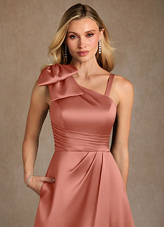 Azazie Easton vestidos de madre de la novia Vestido de Rosa Salmón de Satén Elástico de Corte en A con Hombro unilateral image5