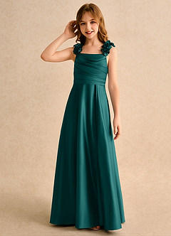 Azazie Rosita Girls Formal Flower Girl Dresses Peacock A-Line Pleated Matte Satin Dress image6