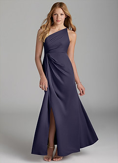 Azazie Mika Junior Robe Trapèze en Satin extensible Plissée Bleu Orageux image1