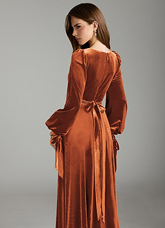 Azazie Leonia Bridesmaid Dresses Burnt Orange A-Line Long Sleeve Velvet Dress image2
