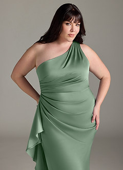 Azazie Latrice Bridesmaid Dresses Matcha Sheath One Shoulder Cascading Ruffles Stretch Satin Dress image10