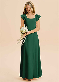 Azazie Bondi Junior Vestido Verde Escuro de Cetim elástico de Linha A com Fenda Lateral image5