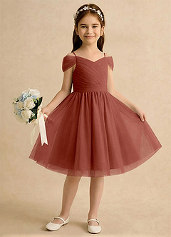Azazie Lila Girls Formal Robe Demoiselle D'honneur Fillette Robe Trapèze en Tulle Épaule décolletée Auburn image4