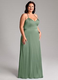 Azazie Mei Vestidos de damas de honor Vestido de Matcha de Satén Elástico de Corte en A con Cuello en V image10