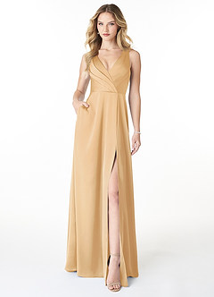 Azazie Nelly Bridesmaid Dresses Gold A-Line V-Neck Pleated Stretch Satin Dress image1