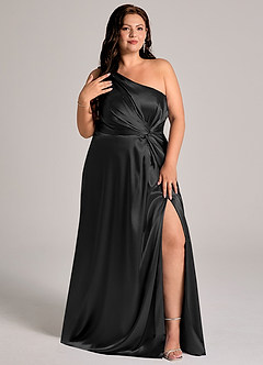 Azazie Brooke At-home Try On Dresses Black A-Line One Shoulder Metallic Satin Dress image12