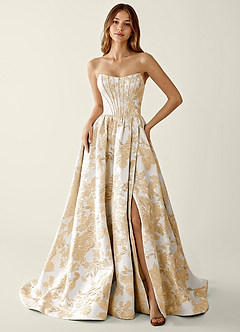 Allegra Champagne Blommig Jacquard Omlott A-linjeformad Balklänning image4