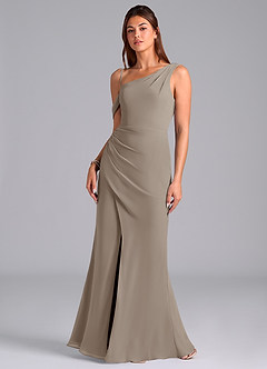 Azazie Madelyn Bridesmaid Dresses Taupe Mermaid Off the Shoulder Chiffon Convertible Dress image4
