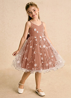 Azazie Junebug Blumenmädchenkleider Ballkleid Spaghetti Riemen Tüll Kleid Bronzer image2