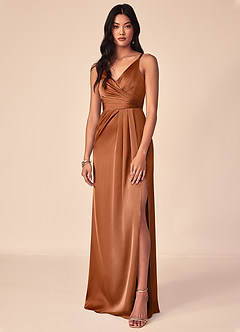 Azazie Aqua Bridesmaid Dresses Copper A-Line V-Neck Pleated Stretch Satin Dress image1