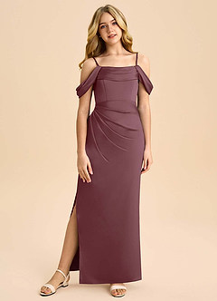 Azazie Saige Junior Robe Fourreau en Satin extensible Épaule décolletée Sangria image3