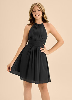 Azazie Bonnie Junior Black A-Line Pleated Chiffon Dress image5
