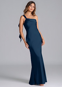 Azazie Driea Bridesmaid Dresses Dark Navy Mermaid One Shoulder Stretch Satin Dress image1