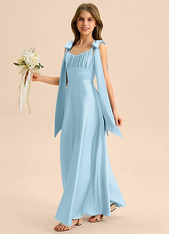 Azazie Halley Junior Abito A-Line in Raso Elasticizzato Fiocco Azzurro image3